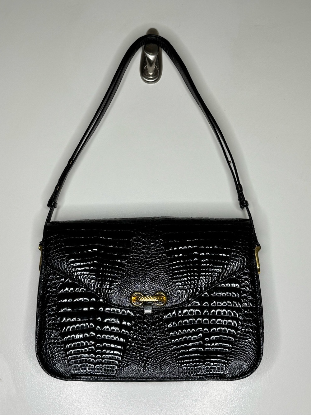 Genuine Crocodile Skin Black Shoulder Bag with Gold Hardware